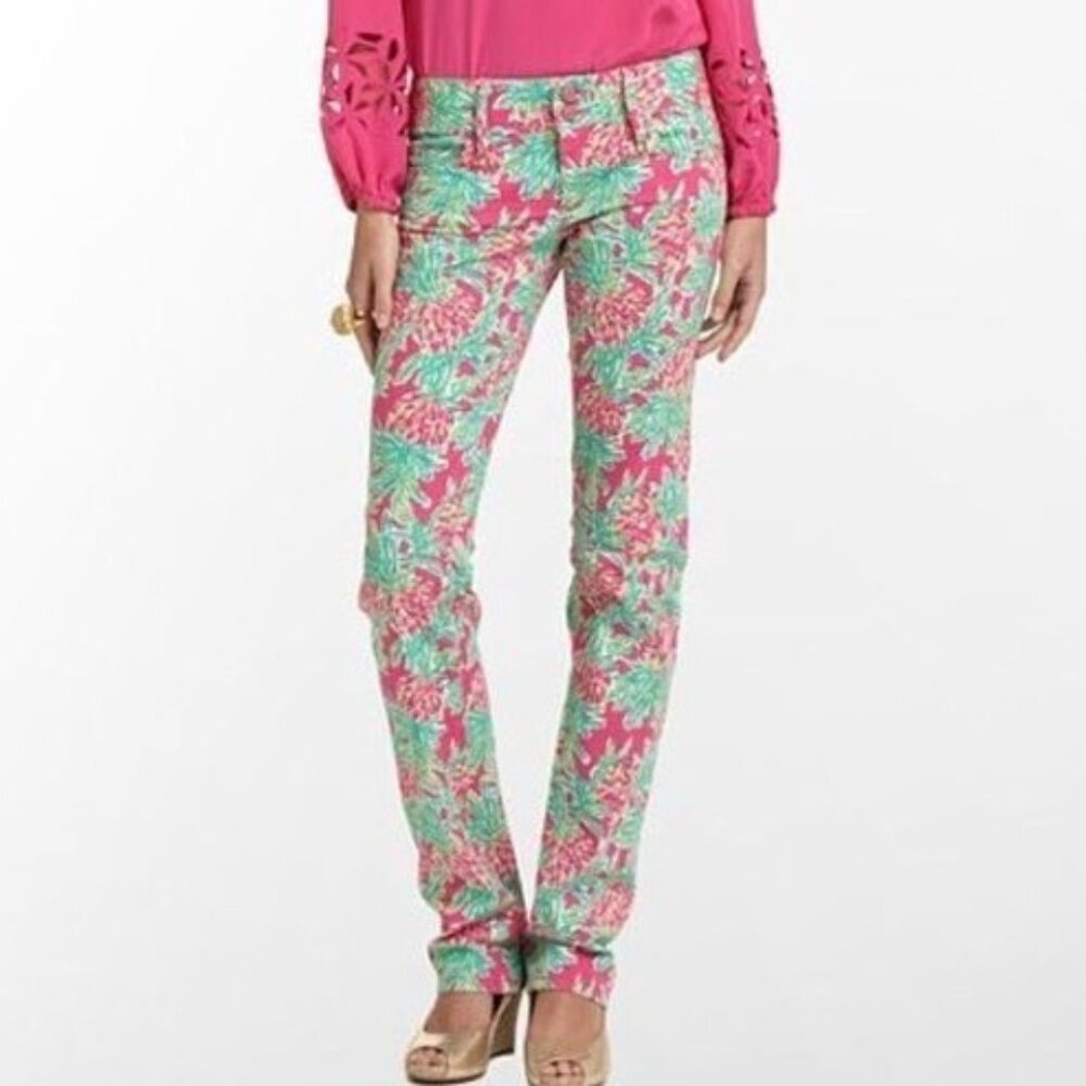 Lilly Pulitzer Worth Straight Jeans Pink Green Floral Pineapple Novelty Print 12